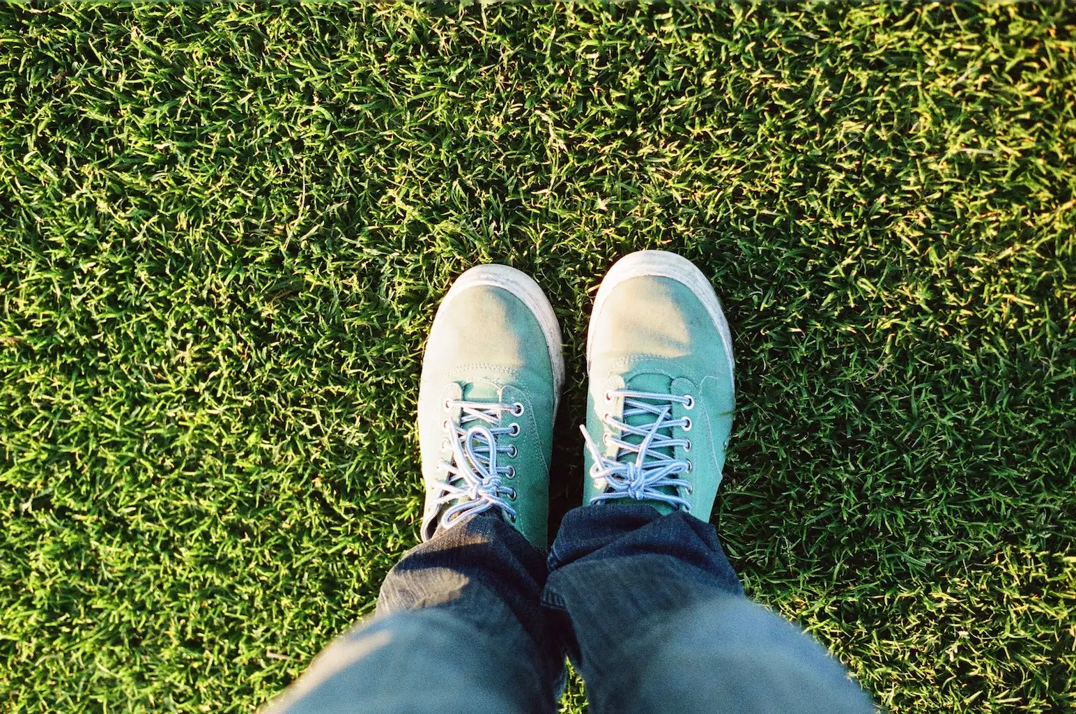 Feet standing on green, healthy grass